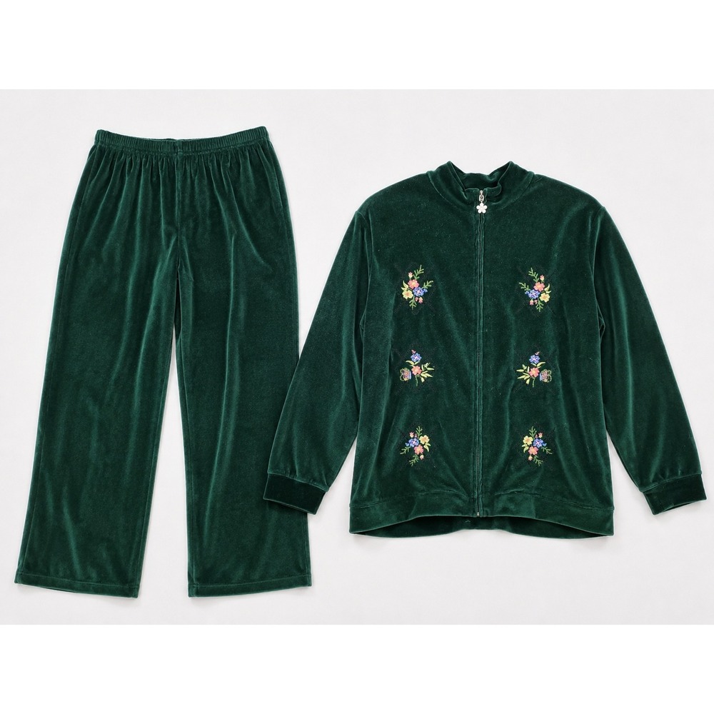 Blair Green Velour Floral Embroidered Tracksuit Two Piece Set L Large